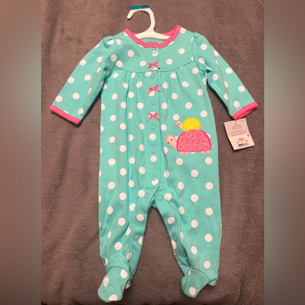 NWT Carters green dotted footie pajamas /onesie with turtles - 3 months